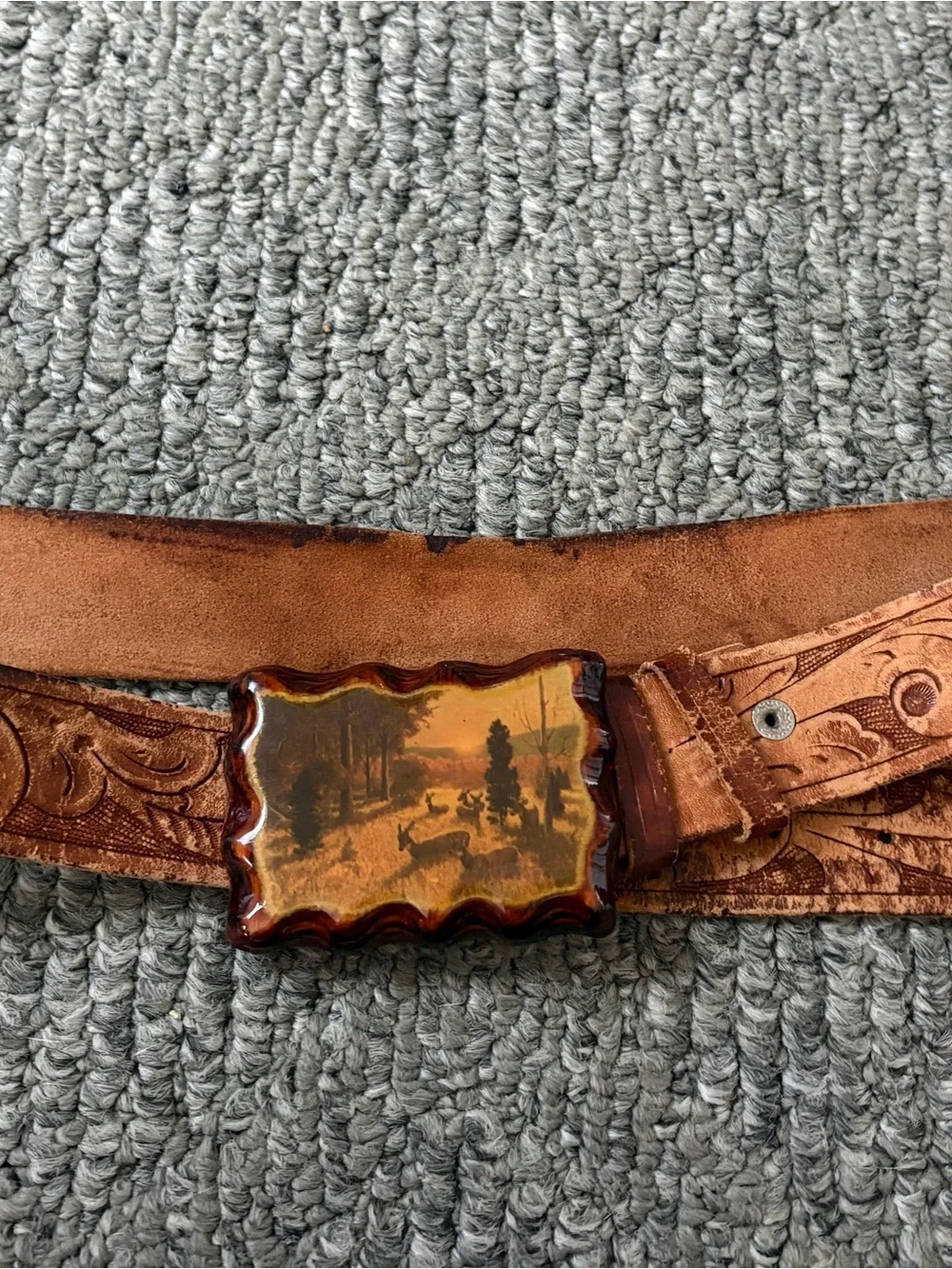 Vintage Tooled Leather Belt • Handmade Wood Resin Deer Buckle • Boho Western